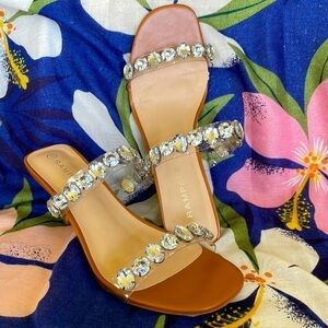 Brand New Rampage Camel Heels Clear Double Straps w/ Large Rhinestones Sandals